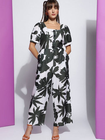 Women's Green Square Neck Floral Printed Jumpsuit VitansEthnics