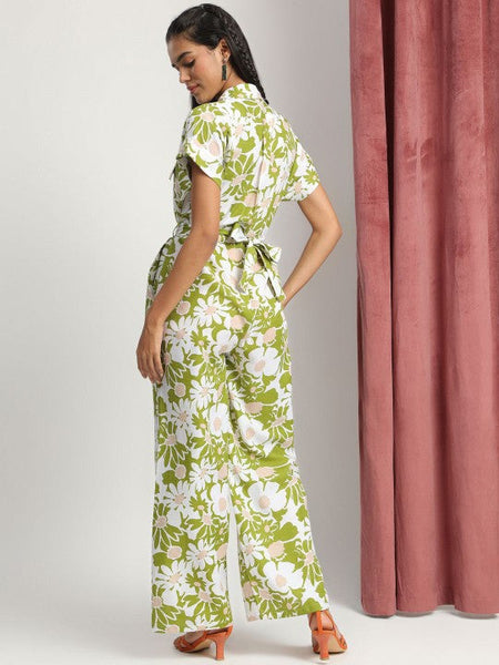Women's Green Collared Floral Printed Jumpsuit VitansEthnics