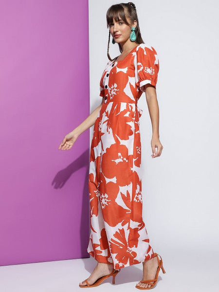 Women's Orange Square Neck Floral Printed Jumpsuit VitansEthnics