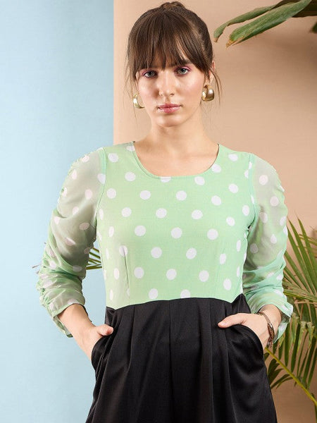 Women's Sea Green and Black Colourblocked Smocked Jumpsuit VitansEthnics
