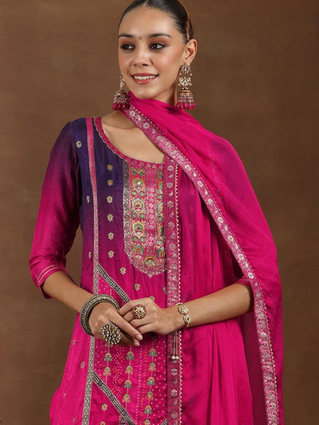 Floral Woven Design Round Neck Kurta with Trousers & Dupatta Set