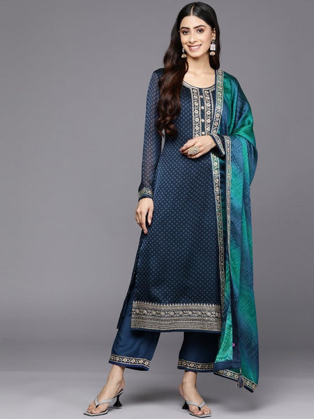 Women Blue Bandhani Printed Kurta with Trousers & With Dupatta Set