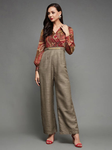 Women Maroon self design V-neck Jumpsuit VitansEthnics