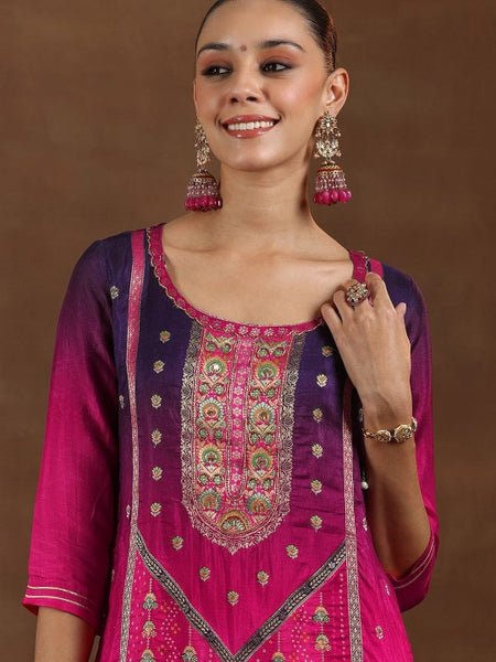 Floral Woven Design Round Neck Kurta with Trousers & Dupatta Set