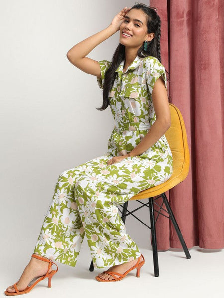 Women's Green Collared Floral Printed Jumpsuit VitansEthnics