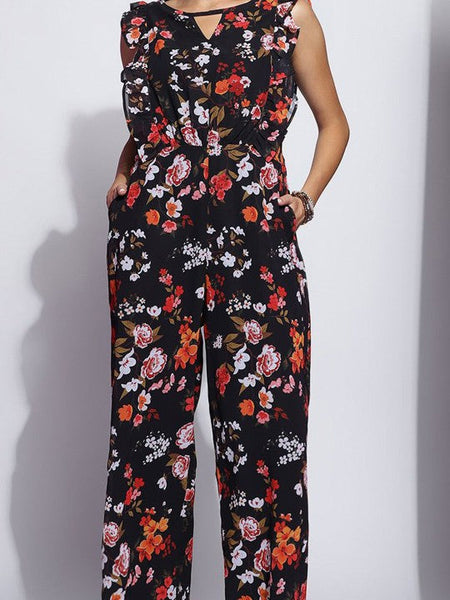 Women's Black Floral Printed Round Neck Sleeveless Jumpsuit VitansEthnics