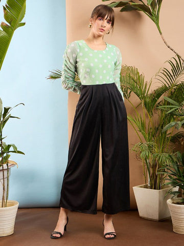 Women's Sea Green and Black Colourblocked Smocked Jumpsuit VitansEthnics