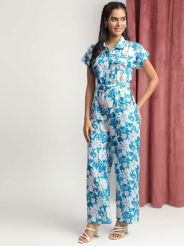Women's Blue Collared Floral Printed Jumpsuit VitansEthnics