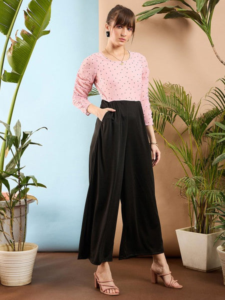 Women's Peach-Coloured and Black Colourblocked Smocked Jumpsuit VitansEthnics