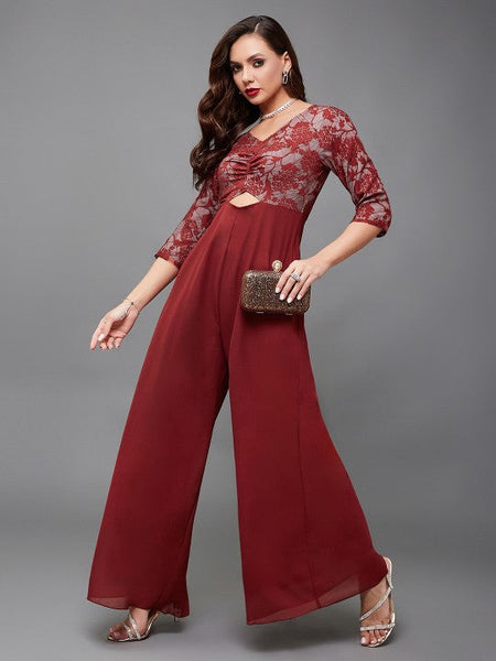Women Maroon self design Indo Western V-neck Jumpsuit VitansEthnics