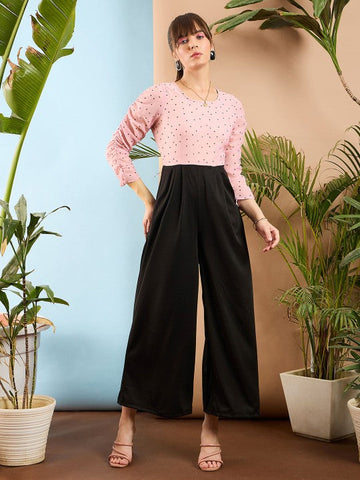 Women's Peach-Coloured and Black Colourblocked Smocked Jumpsuit VitansEthnics