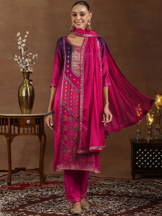 Floral Woven Design Round Neck Kurta with Trousers & Dupatta Set