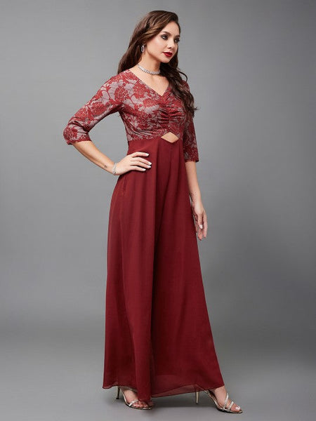 Women Maroon self design Indo Western V-neck Jumpsuit VitansEthnics