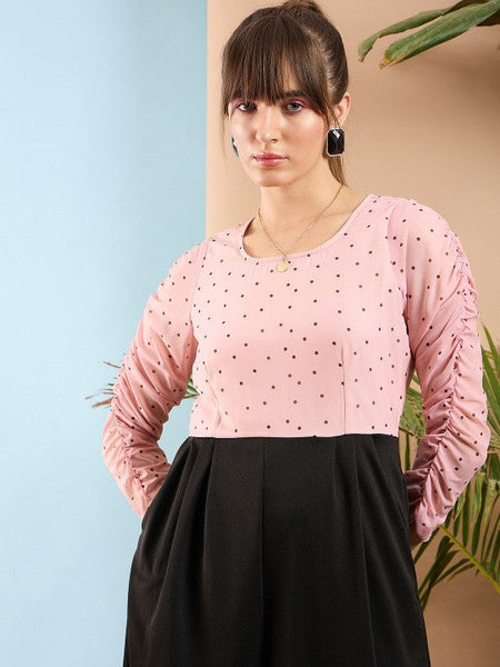 Women's Peach-Coloured and Black Colourblocked Smocked Jumpsuit VitansEthnics