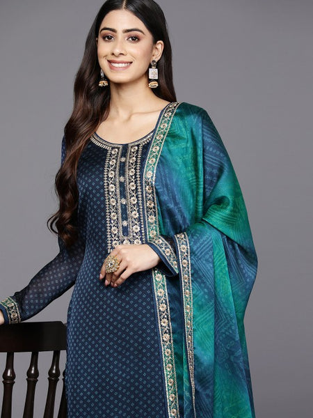 Women Blue Bandhani Printed Kurta with Trousers & With Dupatta Set