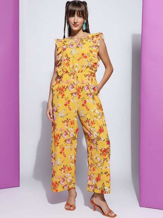 Women's Yellow Floral Printed Round Neck Sleeveless Jumpsuit VitansEthnics