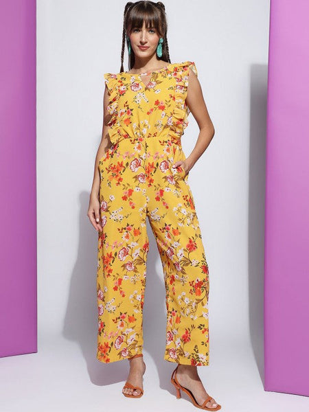 Women's Yellow Floral Printed Round Neck Sleeveless Jumpsuit VitansEthnics