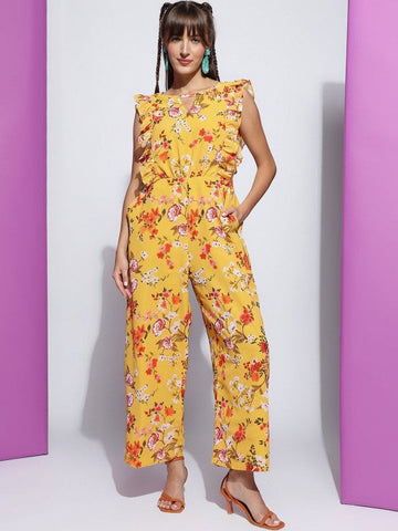 Women's Yellow Floral Printed Round Neck Sleeveless Jumpsuit VitansEthnics