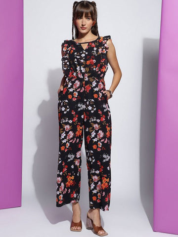 Women's Black Floral Printed Round Neck Sleeveless Jumpsuit VitansEthnics