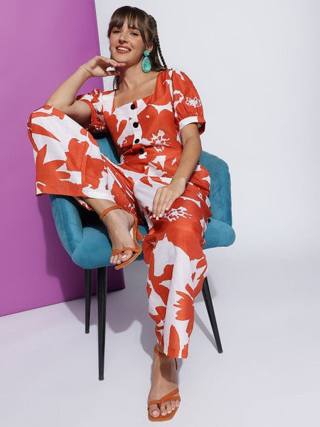 Women's Orange Square Neck Floral Printed Jumpsuit VitansEthnics