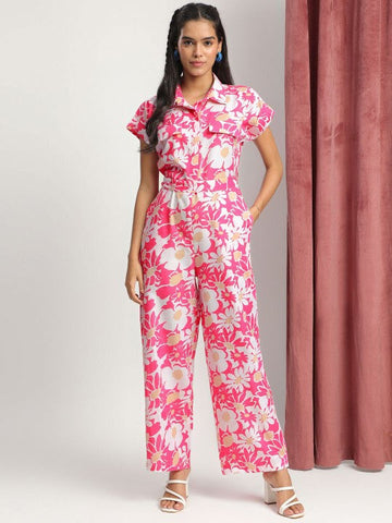 Women's Pink Collared Floral Printed Jumpsuit VitansEthnics