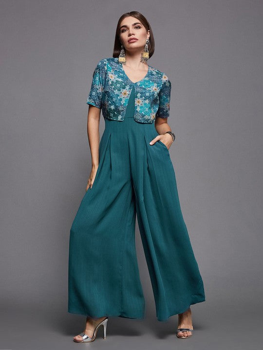 Women's V-Neck Printed Flared Leg Fusion Jumpsuit VitansEthnics