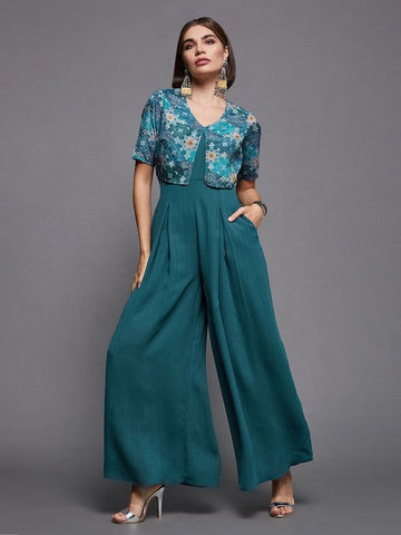 Women's V-Neck Printed Flared Leg Fusion Jumpsuit VitansEthnics