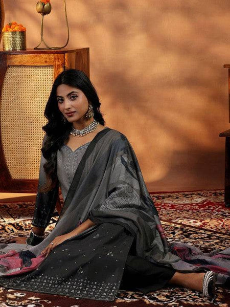 Women Grey Ombre Regular Beads and Stones Kurta with Trousers & With Dupatta Set VitansEthnics