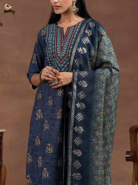 Women Floral Printed Thread Work Straight Kurta With Palazzos & Dupatta Set VitansEthnics