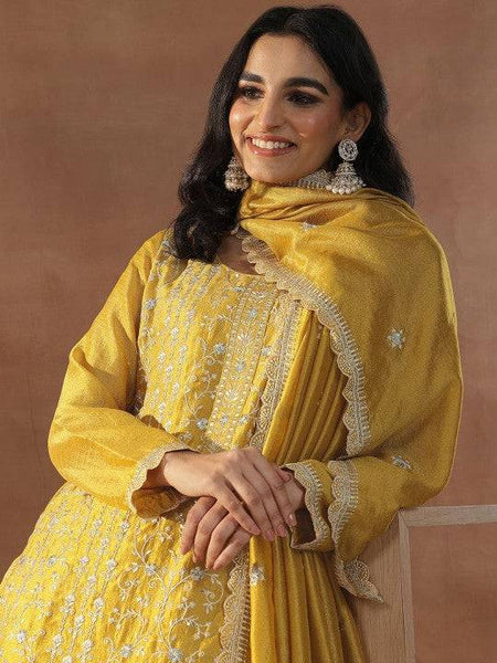 Women Mustard Yellow Floral Embroidered Sequinned Straight Kurta With Trousers & Dupatta Set VitansEthnics