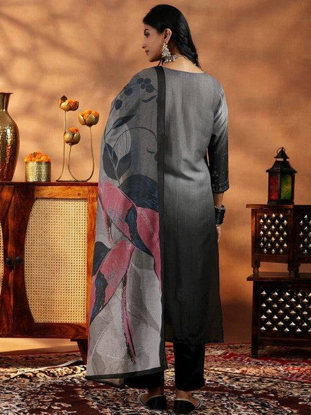 Women Grey Ombre Regular Beads and Stones Kurta with Trousers & With Dupatta Set VitansEthnics