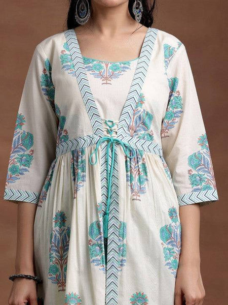 Women Square Neck Floral Printed Pleated Pure Cotton A Line Kurta with Trouser VitansEthnics