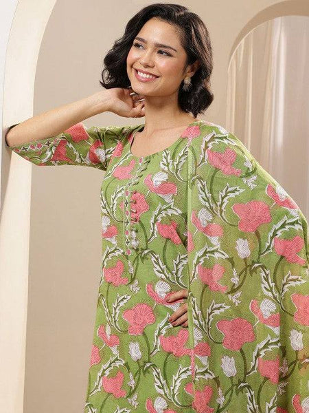 Women Green Floral Printed Regular Kurta with Salwar & With Dupatta Indian Suit Set VitansEthnics