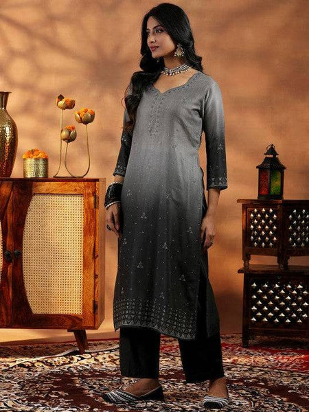 Women Grey Ombre Regular Beads and Stones Kurta with Trousers & With Dupatta Set VitansEthnics