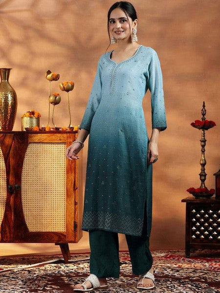 Women Ombre Regular Beads and Stones Kurta with Trousers & With Dupatta Set VitansEthnics
