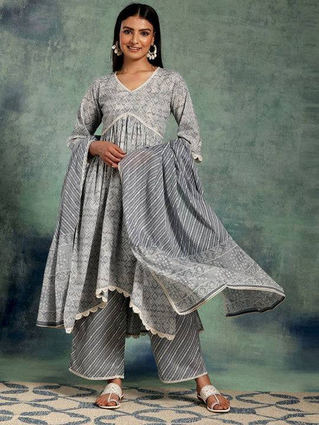 Women Bandhani Printed Pleated Pure Cotton Kurta with Palazzos & With Dupatta Set VitansEthnics