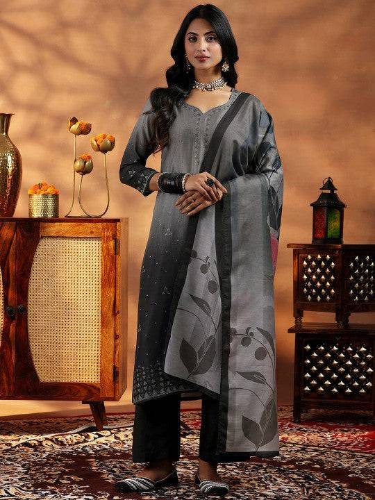 Women Grey Ombre Regular Beads and Stones Kurta with Trousers & With Dupatta Set VitansEthnics