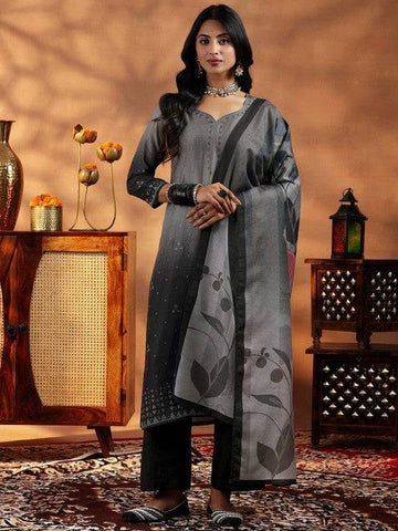 Women Grey Ombre Regular Beads and Stones Kurta with Trousers & With Dupatta Set VitansEthnics