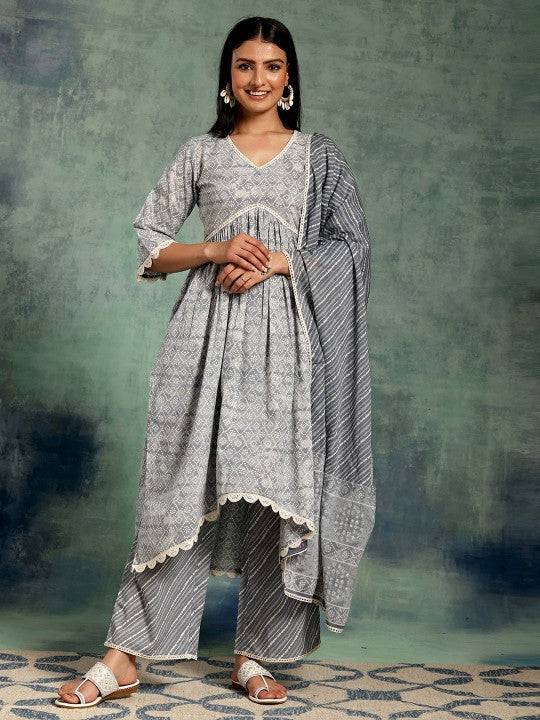 Women Bandhani Printed Pleated Pure Cotton Kurta with Palazzos & With Dupatta Set VitansEthnics