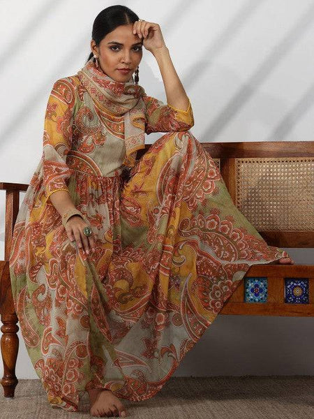 Women Ethnic Motifs Printed V-Neck Beads and Stones A-Line Kurta With Palazzos & Dupatta Set VitansEthnics