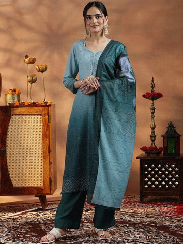 Women Ombre Regular Beads and Stones Kurta with Trousers & With Dupatta Set VitansEthnics