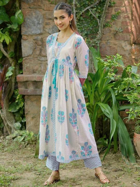 Women Square Neck Floral Printed Pleated Pure Cotton A Line Kurta with Trouser VitansEthnics