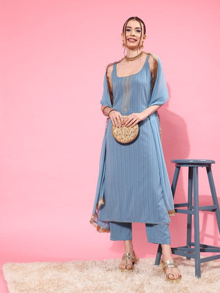 Women Blue Sleeveless Kurta with Trouser and Dupatta Set VitansEthnics