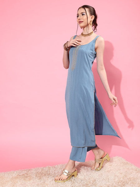 Women Blue Sleeveless Kurta with Trouser and Dupatta Set VitansEthnics