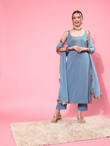 Women Blue Sleeveless Kurta with Trouser and Dupatta Set VitansEthnics