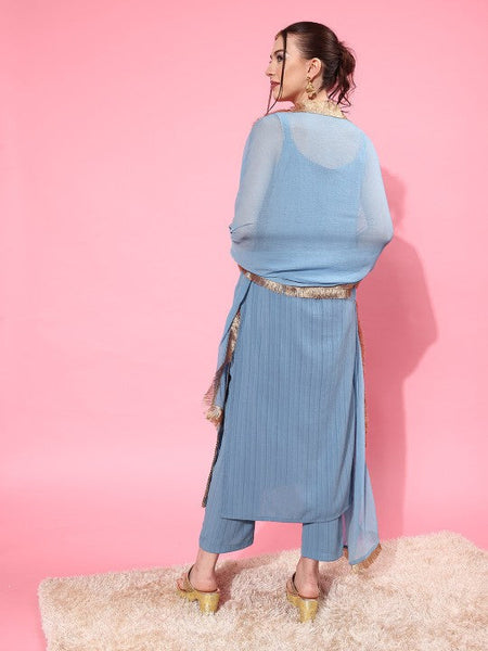 Women Blue Sleeveless Kurta with Trouser and Dupatta Set VitansEthnics