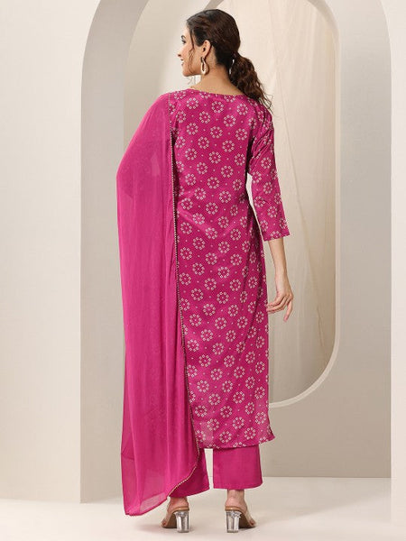 Women Bandhani Printed Round Neck Sequinned Straight Kurta With Trouser & Dupatta Set VitansEthnics