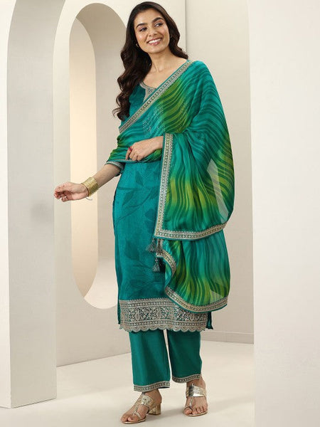 Women Floral Embroidered Regular Silk Chiffon Kurta with Trousers & With Dupatta Indian Suit Set VitansEthnics