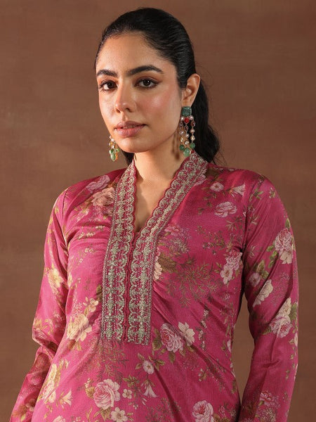 Women Floral Printed V-Neck Thread Work Silk Kurta With Trousers & Dupatta