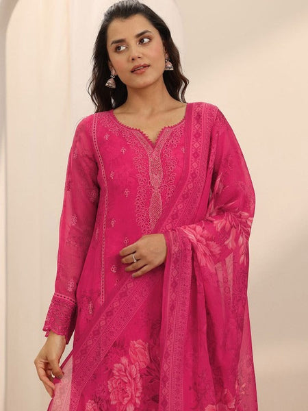 Floral Embroidered Notch Neck Thread Work Straight Kurta With Trousers & Dupatta Set VitansEthnics